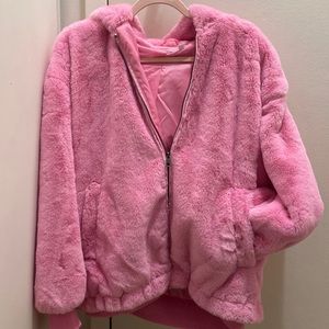 Pink fluffy large jacket with hood